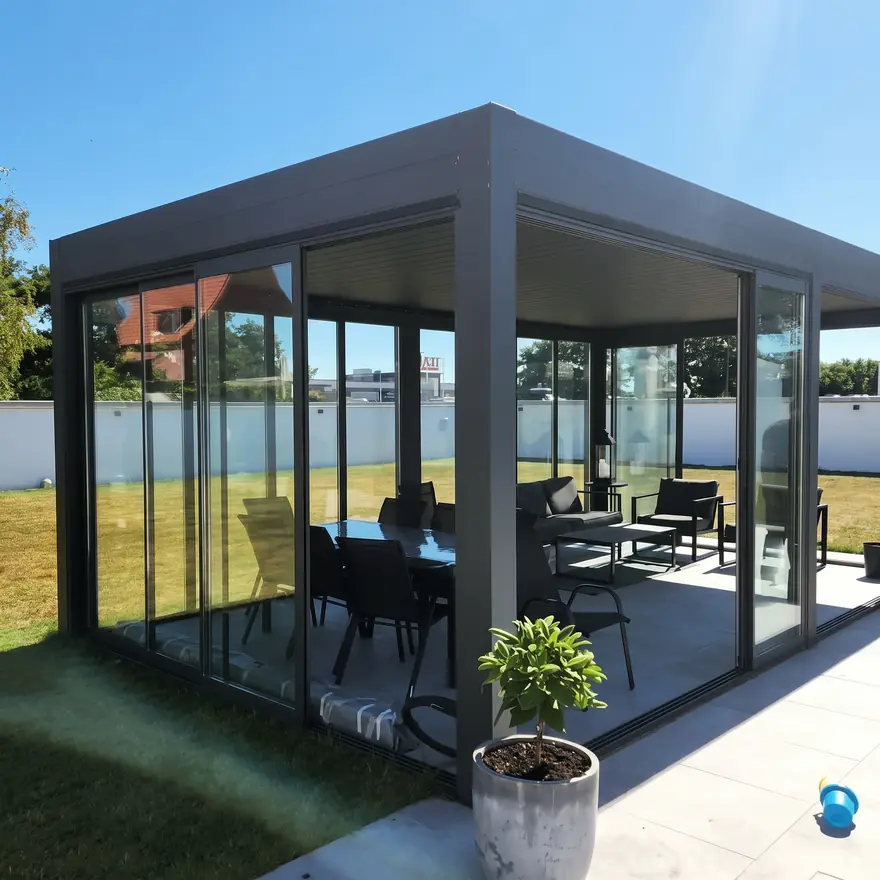 Bioklimatik pergola, zip perde, sürme cam ve havuz kapama uygulaması
